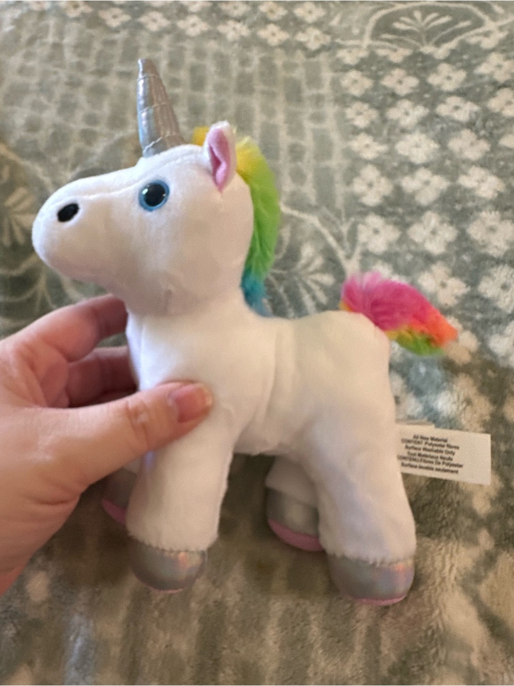 Plush White Unicorn Toy with Rainbow Mane and Tail